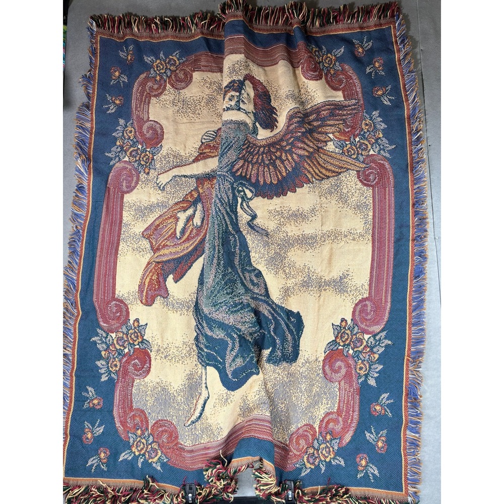 Vintage Woven Tapestry Throw Blanket Angel with Child Floral Fringe 56"50"
